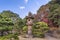 Stone Kasuga lantern in autumn in the Rikugien Park of Bunkyo district, north of Tokyo