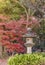 Stone Kasuga lantern under a red maple momiji in the garden of Rikugien in Tokyo in autumn