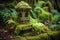 stone lantern among vibrant moss and ferns