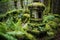 stone lantern among vibrant moss and ferns