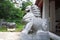 stone lion statue set on stone building facade