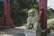 Stone lion statues at entrance of Mingyue Buddhist Temple