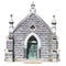 Stone mausoleum with Christian symbols and wrought-iron gate, isolated on a white background