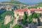 Stone monastery in the mountains. Kalabaka, Greece summer cloudy day in Meteora mountain valley.