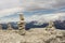 Stone mounds on top of Sass Pordoi. Dolomites. Italy.