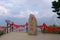 Stone mounment with Chinese word in Sacred Taoist mountain Mount Huashan, popular touristic place in China. Translation : The duel