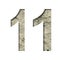 Stone numeral one, 1 cut out of white paper on the background of the texture of natural stone close-up, decorative font