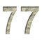 Stone numeral seven, 7 cut out of white paper on the background of the texture of natural stone close-up, decorative font