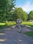 A stone octopus on the shore of the Salakka - Lahti Bay in the city of Vyborg against the blue sky