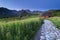 Stone path and mountain shelters in high mountains