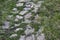 A stone path in the park and a granite staircase with steps. Stone steps in the garden