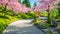 A stone path winds through a landscape of pink trees, creating a scenic route to explore, A winding pathway through a tranquil