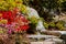 Stone pathway surrounded by colorful blooming bushes leading to the top of a waterfall