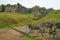 Stone paved way to the Sun Gate INTIPUNKU written on the signpost of Sacsayhuaman Incas citadel on the hilltop of Cusco, Peru