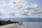 Stone pier large dock in Rijeka city, no people, beautiful skyline