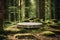 Stone podium stands within an enchanted forest, adorned with moss, surrounded by towering trees.