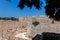 Stone powerful walls of old city, the ancient defense of Old Town, Rhodes, Dodecanese, Greece.