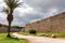 Stone powerful walls of old city, the ancient defense of Old Town, Rhodes, Dodecanese, Greece.