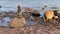 Stone pyramid on the background of river water.