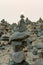 Stone pyramid on the beach at sunset.