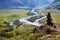 Stone pyramide in Altai mountains over river Chulyshman valley