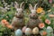 A Stone Rabbits Stands Among Flowers and Speckled Eggs, Signifying Renewal, Bunny\\\'s Easter Garden