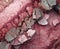 The stone is rhodonite as a background. Texture of rhodonite.