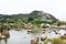 Stone and rock water garden of Tiantan temple and chedi in Tian Tan Garden with mountain at Shantou or Swatow in Chaozhou, China