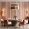 Stone round dining table and coral chairs near striped paneling wall. Art deco interior design of modern dining room with golden