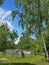 Stone ruins in the middle of a green forest glade with tall young birches