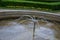 Stone sandstone circular fountain in the park. built of sandstone filled with water. lined with a light threshing gravel road with