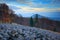 Stone of sea, scree slope landscape with blue evening sky, autumn forest. Studenec Hill in the Luzicke hory mountains, Czech repub