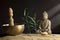 Stone sitting buddha and Tibetan bowl