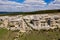 Stone sphinxes in the city of Bakhchisarai, Crimea. Aerial view