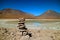 Stone Stack Made by Traveler on the Shore of Laguna Verde or Green Lake with Lincancabur Volcano in the backdrop, Potosi, Bolivia