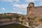 Stone stairway of Motia Talab, view of Badal Mahal on right, Pameya Temple left at Raisen Fort, Fort was built-in 11th Century AD,