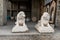 Stone statues of lions are for sale near the entrance to the building in Bethlehem in Palestine