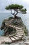 Stone steps curve around a dramatic coastal rock with a pine tree.