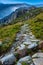 Stone steps leading to a mountain in Snowdonia National Park in Wales