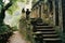 stone steps leading up to an old building in the jungle