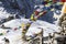 Stone stupa with prayer flags near Tilicho lake. Nepal, Himalaya mountains, Annapurna Conservation Area