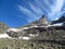 Stone summit, rocky mountain peaks and glacier in Norway