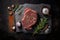 On a stone surface, there is fresh, raw marbled beef rib-eye steak with spices. AI