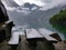 Stone table and benches at lake Bondhus in Norway