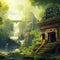 Stone temple ruins covered with moss and a waterfall in a jungle, generative AI