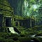 Stone temple ruins covered with moss and a waterfall in a jungle, generative AI