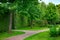 Stone tile walkway curve arcing in the park among green plants of evergreen thuja hedges.