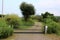 Stone tiles driveway leading to black wrought iron gate mounted on two concrete poles surrounded with uncut green grass and small