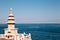 Stone tower with blue ocean at Haedong Yonggungsa Temple in Busan, Korea