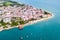 Stone Town, old colonial center of Zanzibar City. House of Wonders. The Old Fort. Unguja, Tanzania. Aerial view.